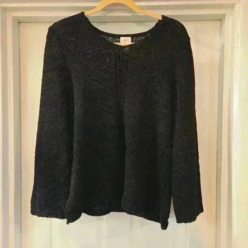 Chicos Womens Relaxed Mesh Knit Tunic Sweater Bell Sleeves Black Size Small